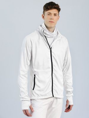 Men's white custom sublimation sportswear windbreaker jacket with zippers and thumbhole sleeves, posing as a blank canvas for team branding.