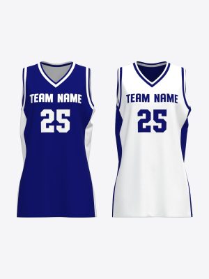 White and blue reversible basketball jerseys showcasing a custom sportswear design made with sublimation print.