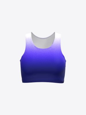 A 3D product mockup of a custom teamwear women's sports bra, featuring a professional sublimation
