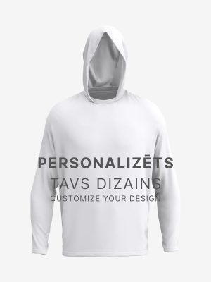 Men's custom fishing shirt with hood, long sleeves, and blue gradient sublimation print.