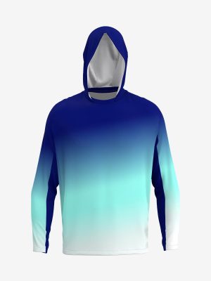 Men's custom fishing shirt with hood, long sleeves, and blue gradient sublimation print.