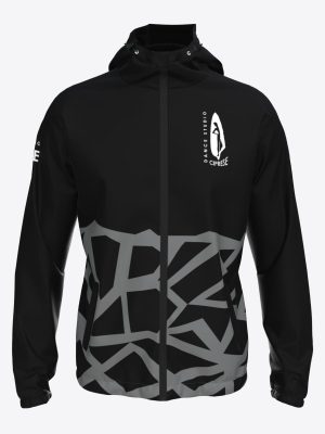 Custom merch for dance studio Ciprese jacket with hood and full zipper, featuring a sublimation print and athletic performance fabric.