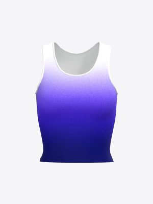 A 3D product mockup of a custom teamwear women's sport crop top, featuring a professional sublimation printed white-to-purple gradient on high-performance, moisture-wicking technical fabric.