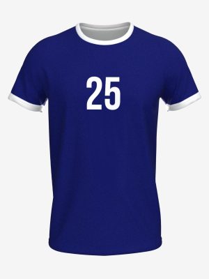 Custom sublimated classic royal blue volleyball jersey with white O-neck collar, sleeve trim, and player number
