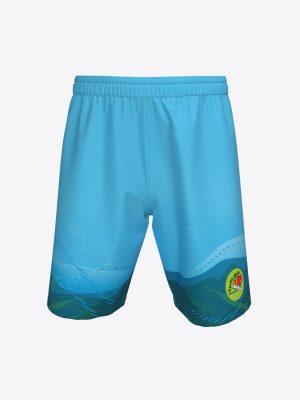 Custom sublimated blue sports shorts featuring a green wave graphic design.