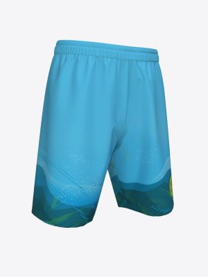 Custom sublimated blue sports shorts featuring a green wave graphic design.