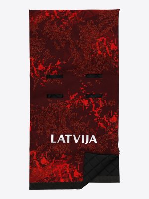 A 3D product mockup of a professional custom teamwear sled cover, featuring a high-definition sublimation printed digital pattern "Latvija" branding and a quilted protective lining for elite sports equipment.