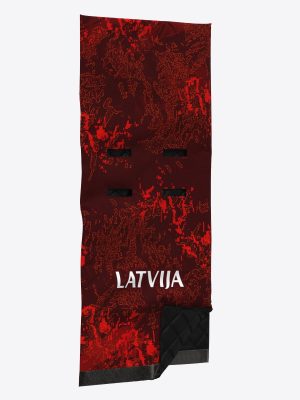 A 3D product mockup of a professional custom teamwear sled cover, featuring a high-definition sublimation printed digital pattern "Latvija" branding and a quilted protective lining for elite sports equipment.
