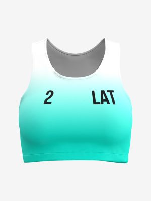 Olympic-grade beach volleyball sports bra manufacturing, professional sublimation printed team uniform, elite athletic gear production.