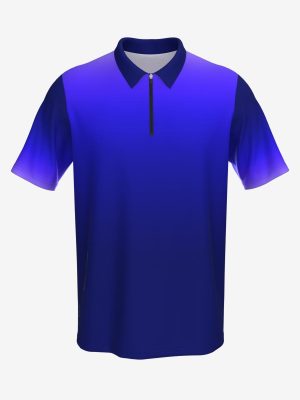 Darts and bowling polo shirt with quarter zip, featuring a blue and purple gradient design, front view.