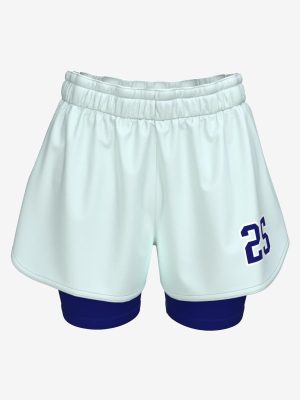 Custom women's flag football shorts with integrated compression liner, professional team sportswear manufacturing, sublimated numbering.