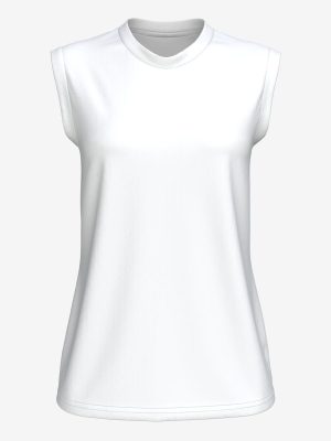 Female's sleeveless flag football jersey with custom team name and numbering, high-performance athletic apparel production, front view.