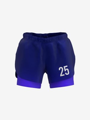 Custom women's ultimate frisbee 2-in-1 split shorts with integrated compression liner and lightweight outer shell.
