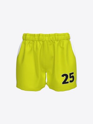 Women's custom sublimation sportswear handball shorts for Jekabpils Sporta skola in vibrant lime green, featuring a white side stripe and a personalized player number