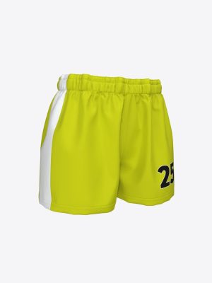 Women's custom sublimation sportswear handball shorts for Jekabpils Sporta skola in vibrant lime green, featuring a white side stripe and a personalized player number