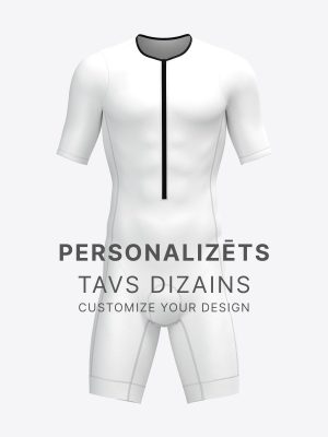 Custom sublimated short-sleeve triathlon trisuit with front zipper, aerodynamic sleeves, and compression leg bands.