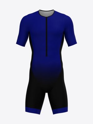 Custom sublimated short-sleeve triathlon trisuit with front zipper, aerodynamic sleeves, and compression leg bands.
