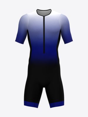 Custom elite triathlon trisuit made from hydrophobic, water-repellent fabric for reduced drag and quick-dry performance.