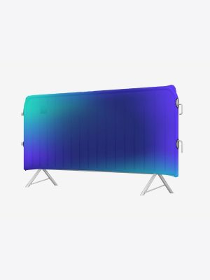 Custom event barrier wrap manufacturing with vibrant gradient sublimation printing, professional fabric covers for crowd control barriers, event branding solutions.