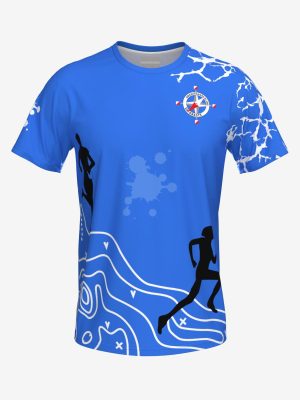 Custom team shirt with professional sublimation printing, featuring a topographical map design and athletic silhouettes.