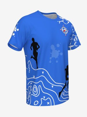 Custom team shirt with professional sublimation printing, featuring a topographical map design and athletic silhouettes.