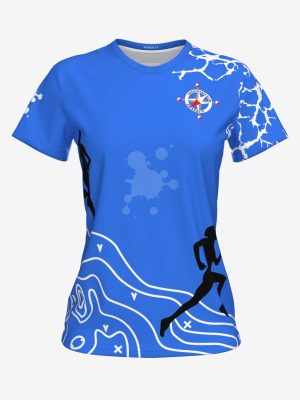 Custom team shirt with professional sublimation printing, featuring a topographical map design and athletic silhouettes.