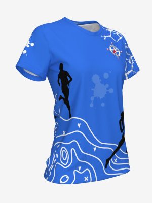 Custom team shirt with professional sublimation printing, featuring a topographical map design and athletic silhouettes.