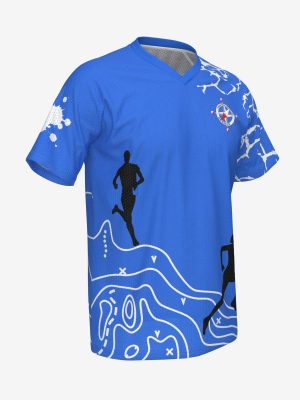 Rear view of a custom nylon O-shirt featuring "DR-Krasts" club logo and topographical map patterns.