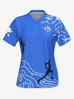Rear view of a custom nylon O-shirt featuring "DR-Krasts" club logo and topographical map patterns.