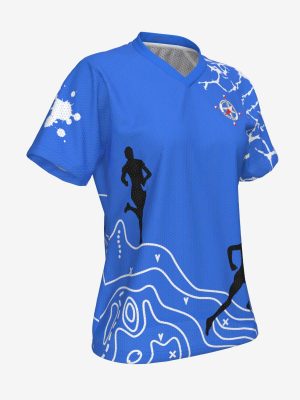 Rear view of a custom nylon O-shirt featuring "DR-Krasts" club logo and topographical map patterns.