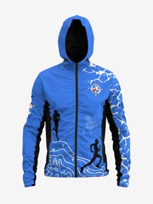 Custom ultra-lightweight hooded "Skin" jacket with professional sublimation printing, featuring an aerodynamic fit, topographical map design, and club branding for elite athletes.