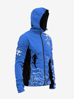 Custom ultra-lightweight hooded "Skin" jacket with professional sublimation printing, featuring an aerodynamic fit, topographical map design, and club branding for elite athletes.