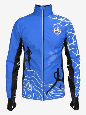 Professional custom team jacket with high-quality sublimation printing, topographical map graphics, and club branding.