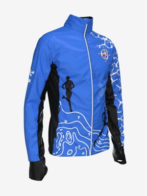 Professional custom team jacket with high-quality sublimation printing, topographical map graphics, and club branding.