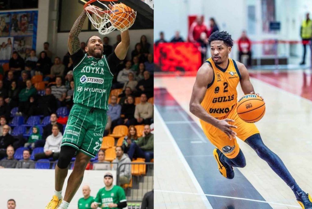 Professional basketball players in action wearing custom sportswear team uniforms with vibrant green and orange sublimation print designs.
