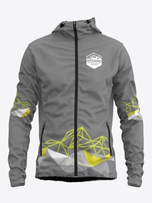 Custom Supervaroņi team sports jacket with hood and full zipper, featuring a sublimation print and athletic performance fabric.
