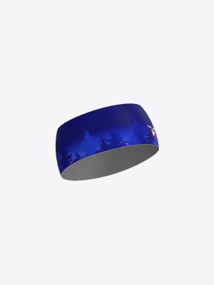Custom sublimation sportswear headband for OK Alnis, featuring a full-print forest design and club logo, made from high-stretch performance fabric.
