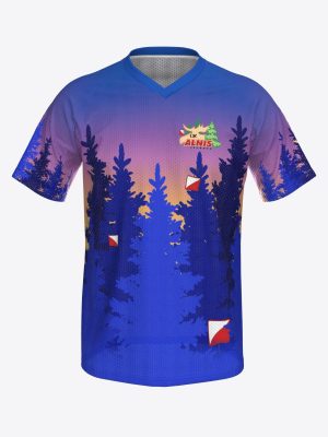 Short-sleeve orienteering jersey in breathable technical mesh with raglan sleeves and V-neck for OK Alnis