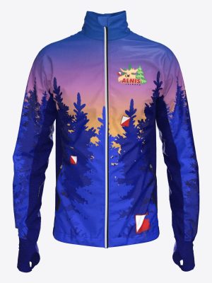 Professional custom sublimation sportswear orienteering jacket for OK Alnis, featuring a detailed forest landscape print, thumbhole sleeves, and club branding.