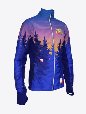 Professional custom sublimation sportswear orienteering jacket for OK Alnis, featuring a detailed forest landscape print, thumbhole sleeves, and club branding.
