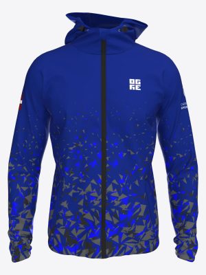 Custom Ogres novada sporta centra team sports jacket with hood and full zipper, featuring a sublimation print and athletic performance fabric.