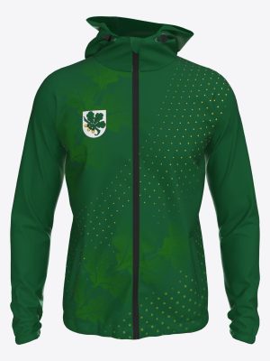 Custom sublimation sportswear team jacket for Kandavas sporta skola, featuring a black full-print design, full-front zipper, and adjustable hood.