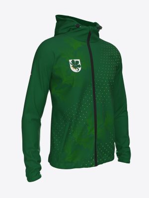 Custom sublimation sportswear team jacket for Kandavas sporta skola, featuring a black full-print design, full-front zipper, and adjustable hood.