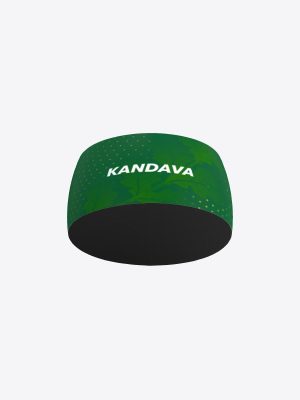 Custom sublimation sportswear headband for Kandavas sporta skola, featuring a full-print forest design and club logo, made from high-stretch performance fabric.