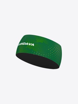 Custom sublimation sportswear headband for Kandavas sporta skola, featuring a full-print forest design and club logo, made from high-stretch performance fabric.