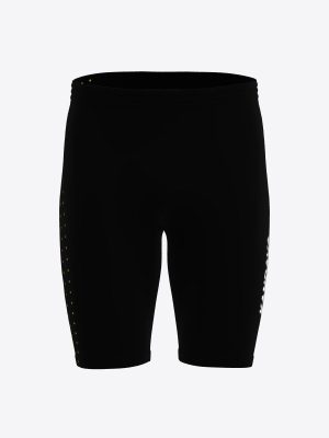 Custom sportswear running leggings short with black fabric and teal sublimation print patterns for athletes.
