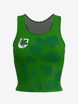 Custom sportswear crop top for Kandavas sporta skola featuring vibrant sublimation print design.
