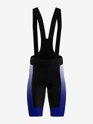 Custom sublimated black cycling bib shorts mock-up with a dark blue leg band cuff, shown from a side view.