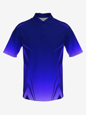 men's custom sublimated esports polo shirt featuring a purple-to-blue gradient design with geometric accents.