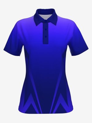 women's custom sublimated esports polo shirt featuring a purple-to-blue gradient design with geometric accents.